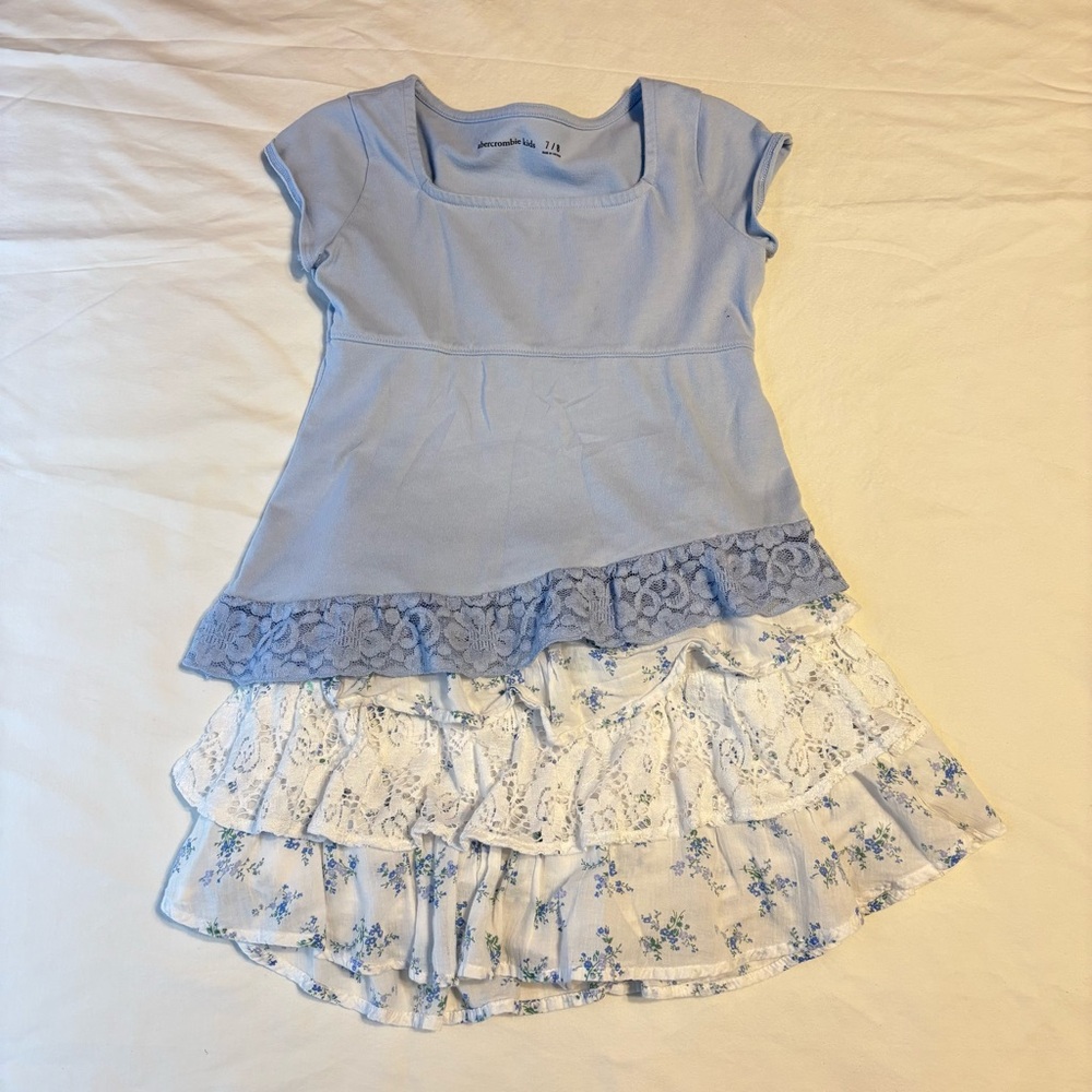 abercrombie kids white floral ruffle mini skirt, light blue short sleeve shirt